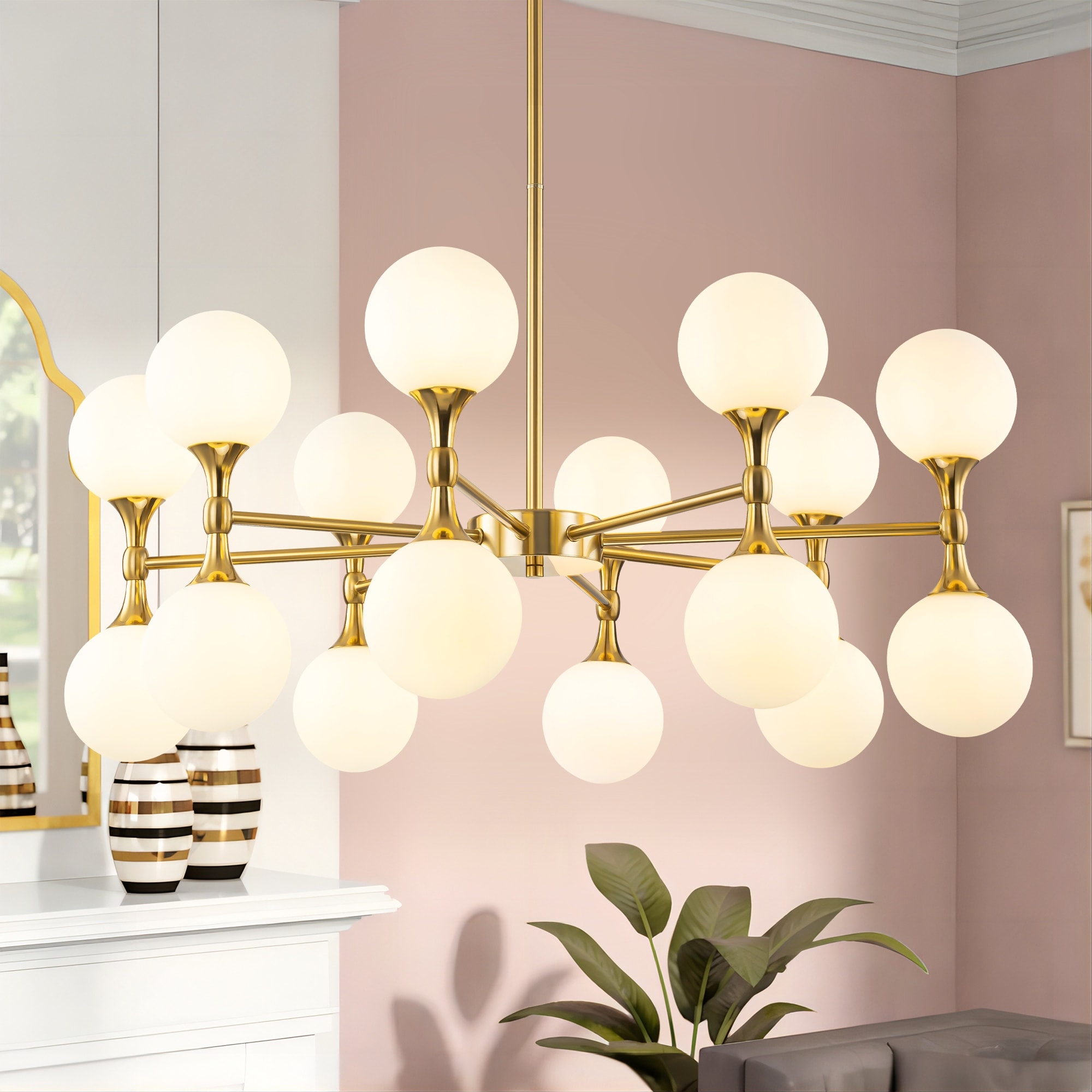 16-Light Modern Glam Linear Sputnik Branch Cluster Milky White Frosted Opal Glass Globe Chandelier