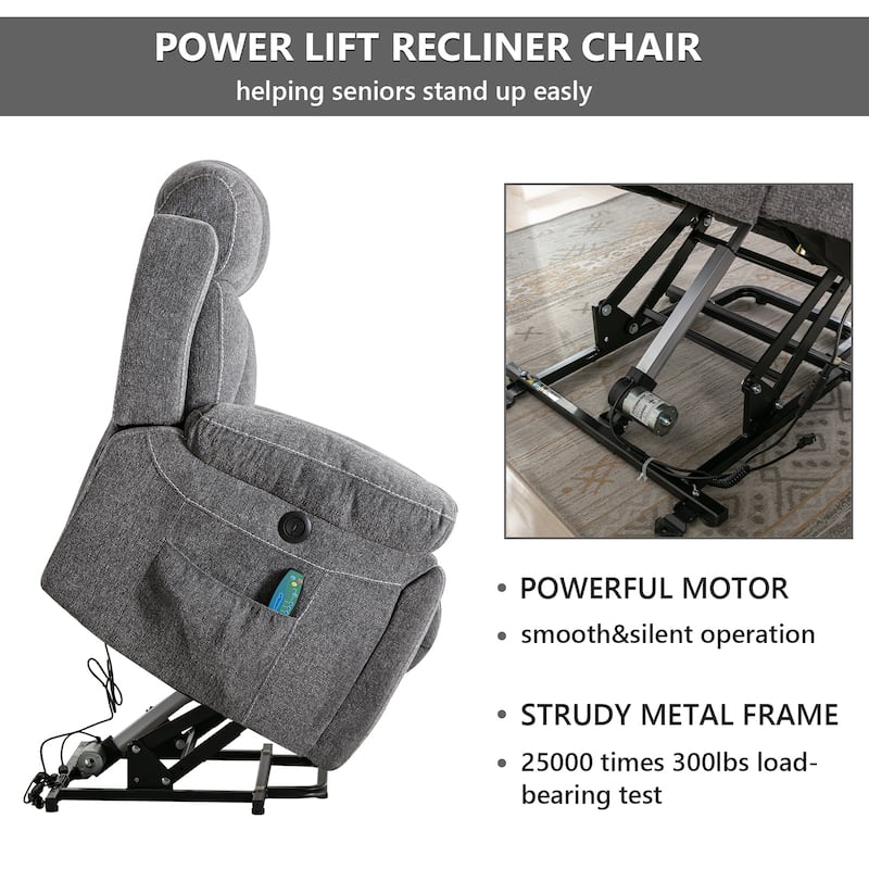 Large Power Lift Recliner Chair with Massage and Heat, Overstuffed Wide Recliners with 2 Cup Holders and USB Port