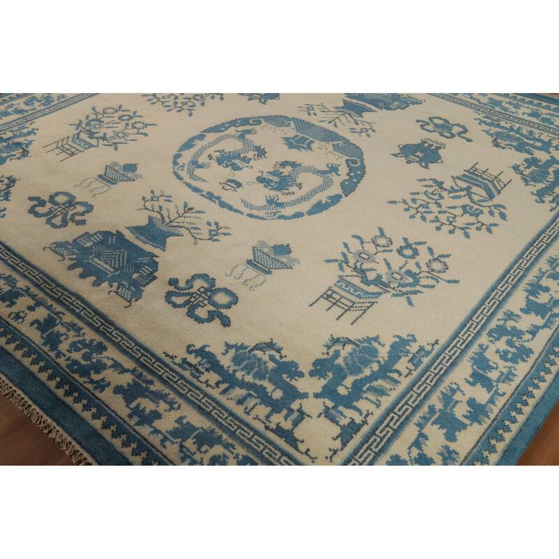 Hand Knotted Oriental 100% Wool Carpet Traditional Geometric Beige & Ivories Art Deco Area Rug - 7' 11'' X 8' 1''