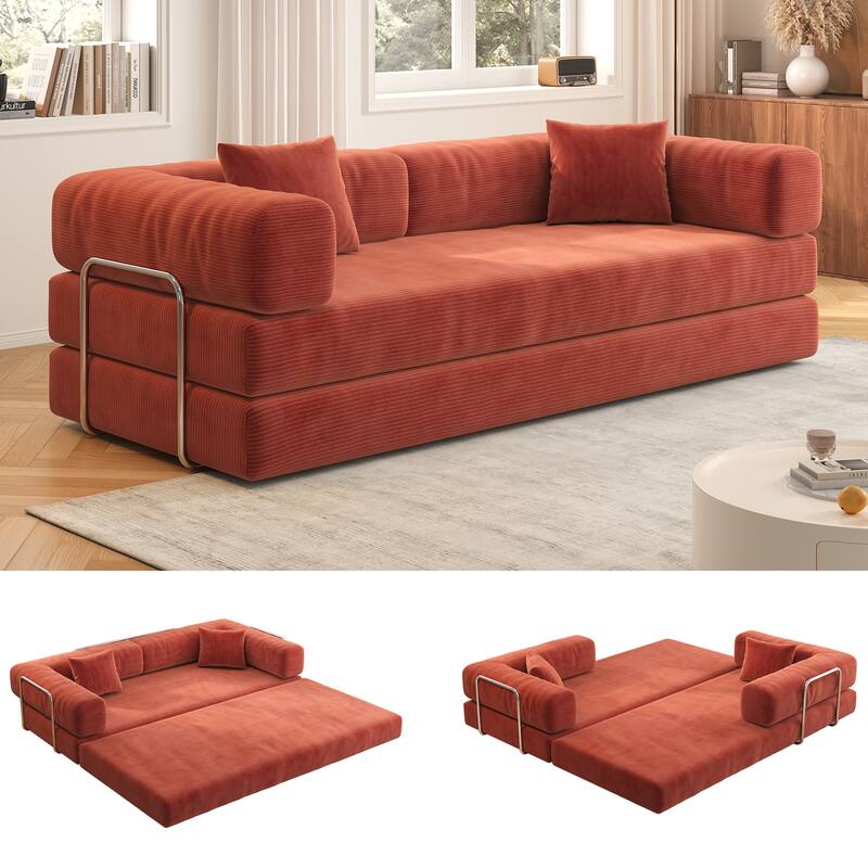 Modular Convertible Sleeper Sofa Bed, Corduroy Fabric Compression Sofa, Floor-Standing Sofa Bed with Armrests & Backrest