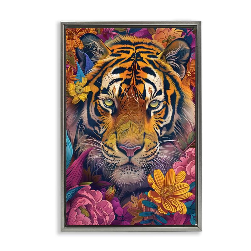 Stupell Peering Tiger Through Flowers Framed Floater Canvas Wall Art Design By LSR Design Studio - 17 x 25 - Grey