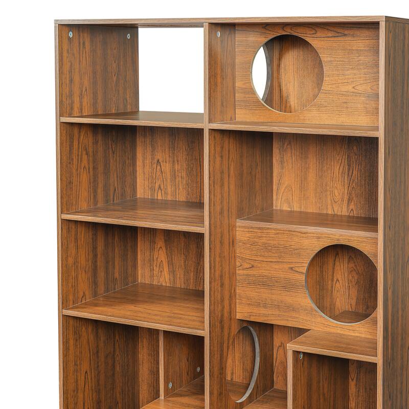 Anmytek 2-in-1 Bookshelf Cat Tree with Cat Holes and Shelves Walnut Mid-Century Pet Furniture