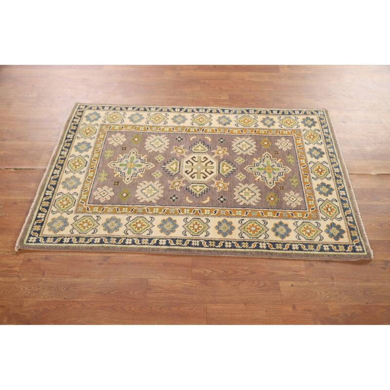 Geometric Brown Kazak Oriental Accent Rug Handmade Wool Carpet - 2'9" x 4'2"