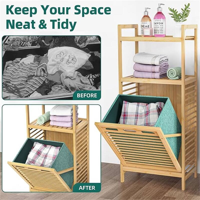 Bamboo Laundry Hamper with Storage Shelves & Clothes Basket - 11.8"D x 15.6"W x 37.4"H