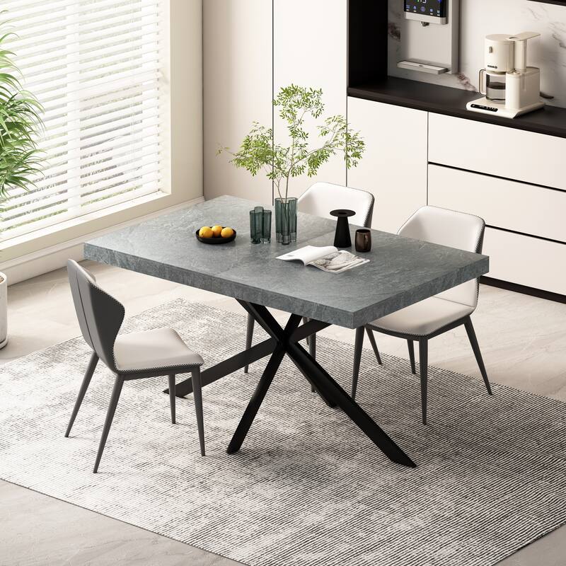 55.11" -70.86"Retro Rectangular Stretch Dining Table,Dark Grey stone Top And Black Relief Plate, Black Fine Sand Cross I