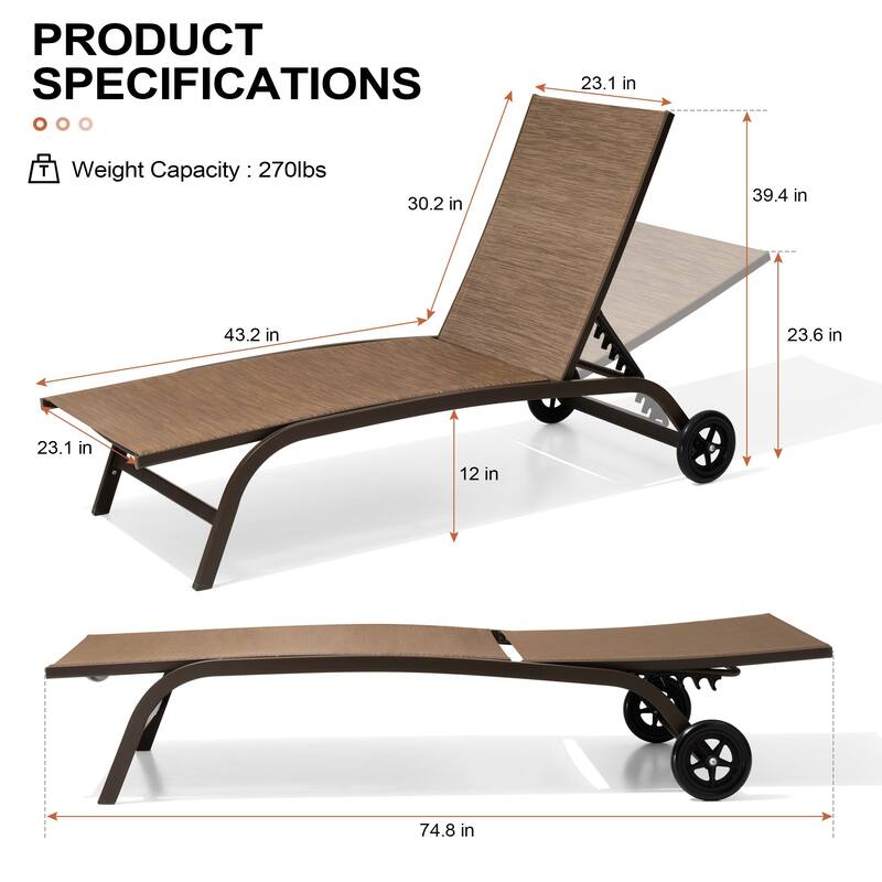 Outdoor Chaise Lounge Chair Pool Lounger with Adjustable Back and Wheels