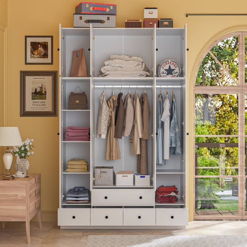 Modern 4-Door Wood Bedroom Armoire in White Closet Cabinet Wardrobe