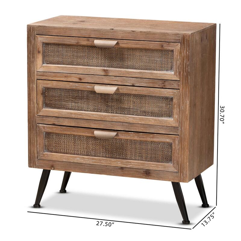Calida Whitewashed Natural Brown Wood and Rattan 3-Drawer Cabinet