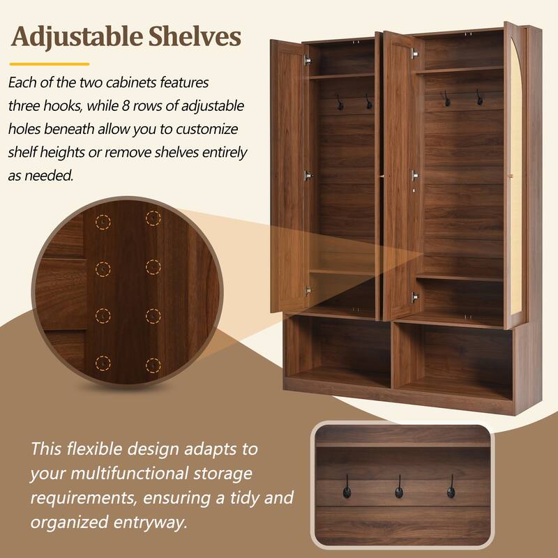 Farmhouse 4-In-1 Widen Hall Tree with 4 Rattan Doors，comfy bench, 6 hooks, two enclosed cabinets and open bottom compartments