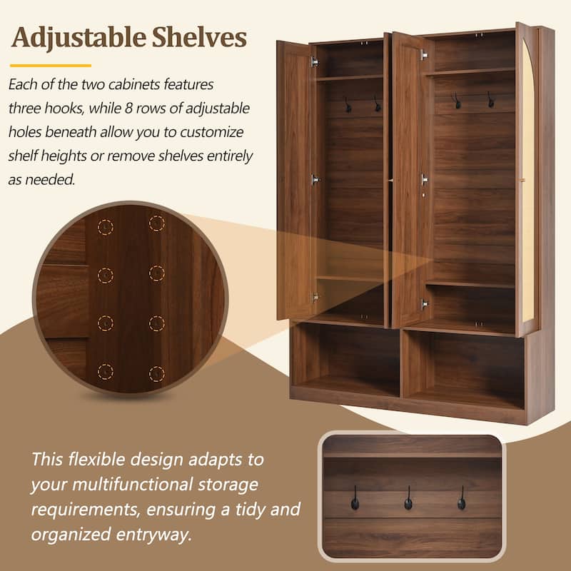 Farmhouse Widen Hall Tree with 4 Rattan Doors, Versatile 4-In-1 Seating Bench with 6 Hooks, Mid-Century Entryway Shoe Cabinet