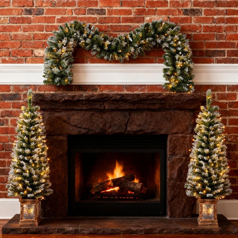 Anmytek Pre-Lit Artificial Christmas Decor 3-Piece Set Wreath and 2 Entrance Trees