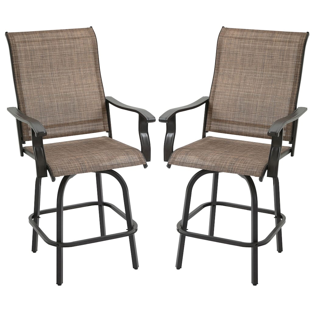 Set of 2 Outdoor Swivel Bar Stools with Armrests, Steel Frame