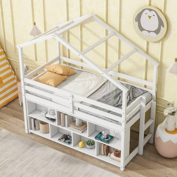 slide 2 of 20, Stylistic Elegance Wooden Twin House Loft Bed with Roof Frame, Under Bed Shelving Storage Unit, Guardrails, Ladder White