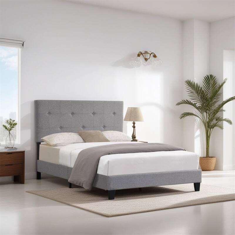 Upholstered Platform Bed Frame w/Button Tufted Linen Fabric Headboard