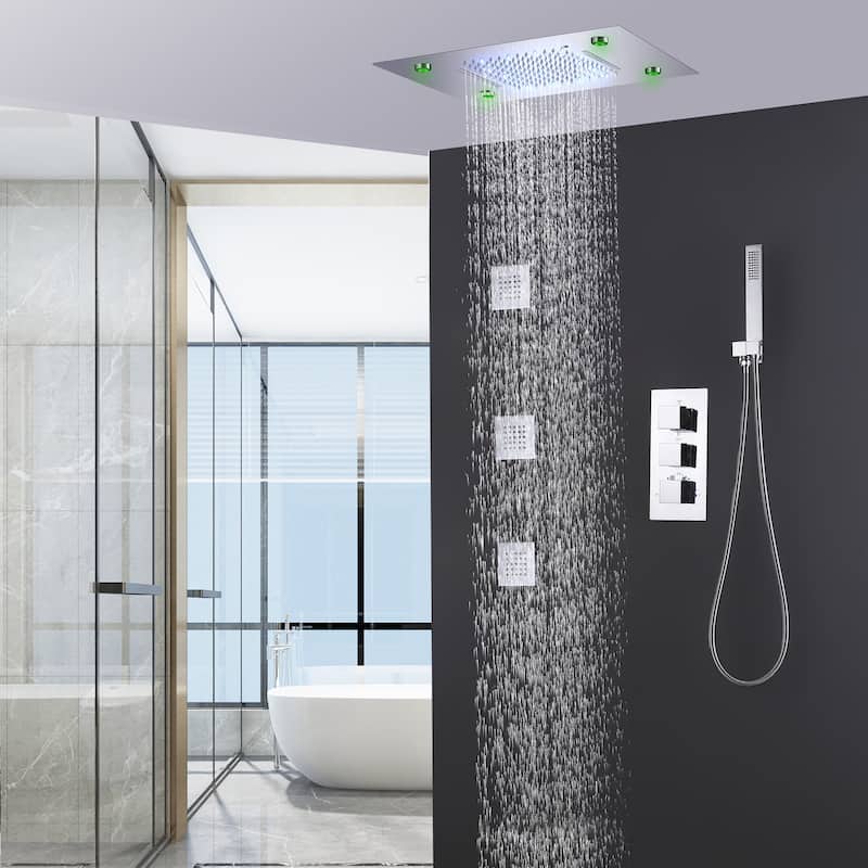Ceiling LED 4-Way 3-Jet Complete Rain and Waterfall Shower System With Rough-in Valve