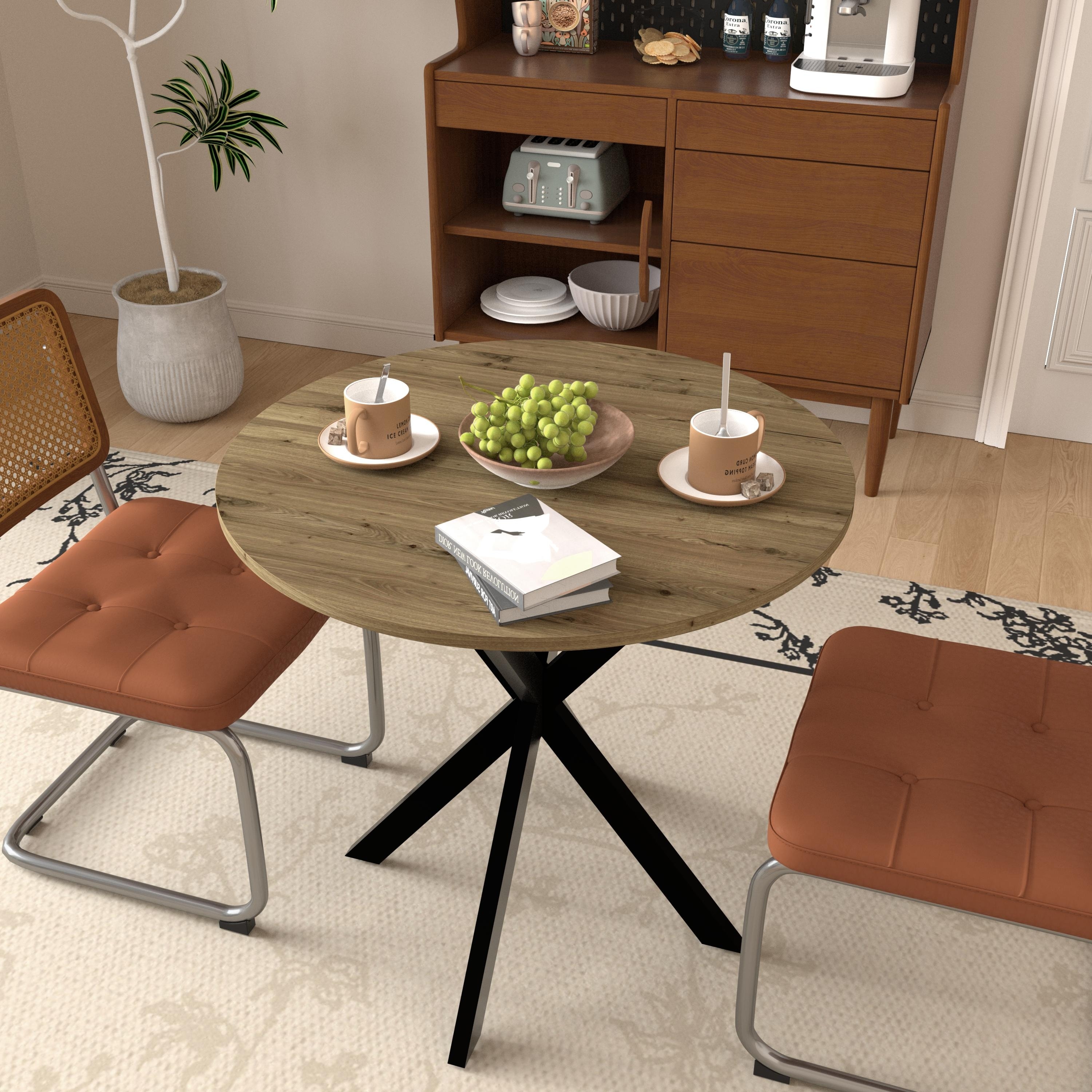 Anmytek Round Dining Table Modern Wood Top and Metal Frame Brown Industrial Kitchen Table