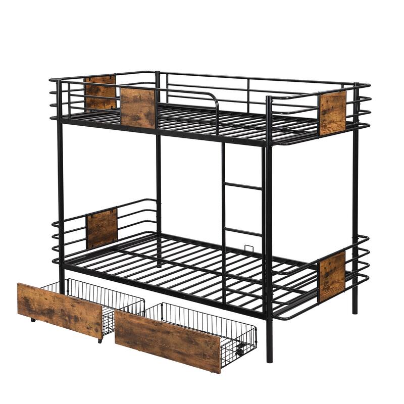 Industrial Modern Twin XL Bunk Bed with MDF Guardrails, Metal Frame, and 2 Storage Drawers - Sturdy and Stylish