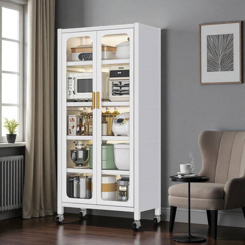 65" Metal Kitchen Pantry Storage Cabinet with Wheels, Adjustable Shelves and Transparent Doors for Living Room or Dining Room