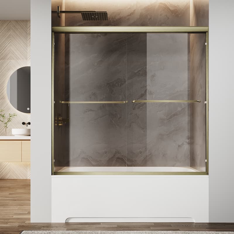 Elegant Double Sliding Shower Door Brushed Gold Finish Framed with 1/4 inch Clear Tempered Glass