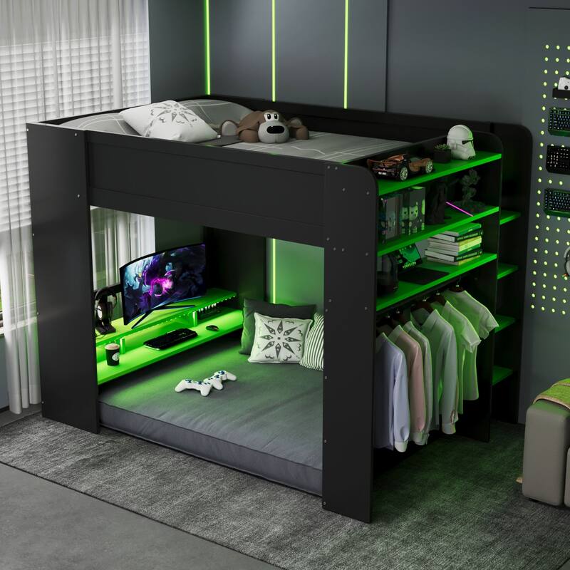 Full Size High Loft Bed, LED Loftbed Frame with Height Adjustable Desk, Wooden Storage Loft Bed with Wardrobe and Shelves - Green - Full