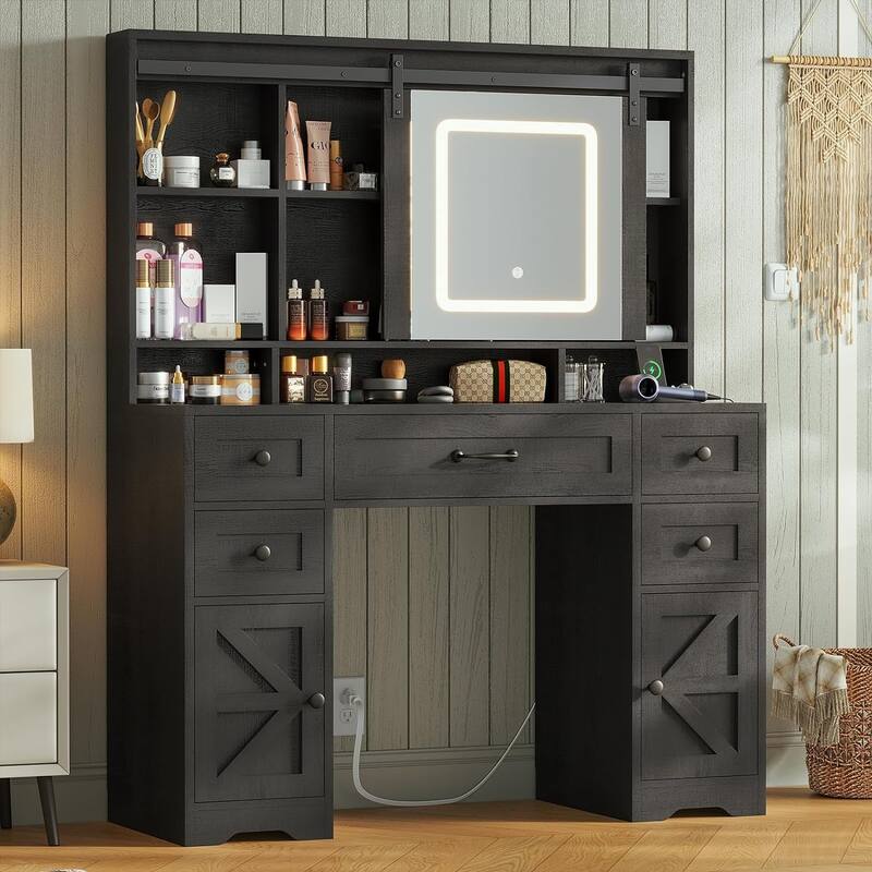 Vanity Desk Barn-Door Sliding Mirror & Power Outlet Glass Top - Black