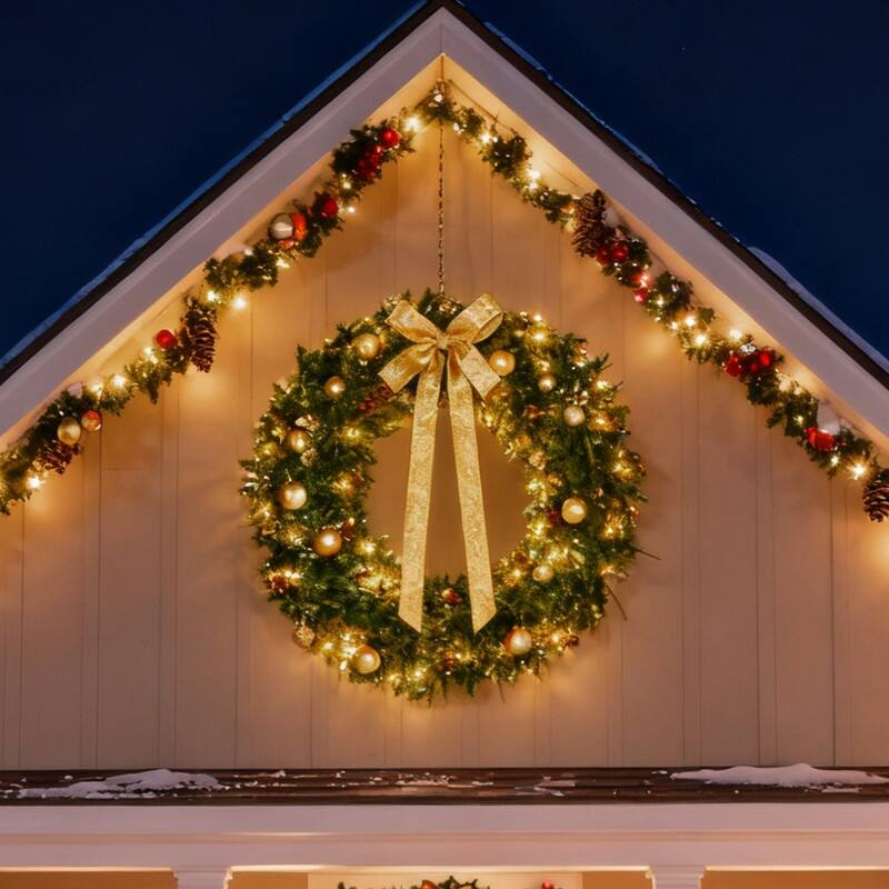 4Pre-lit Christmas Wreath with Warm White Lights and DIY Ornaments for Front Door Gate Wall Xmas Party Decorations