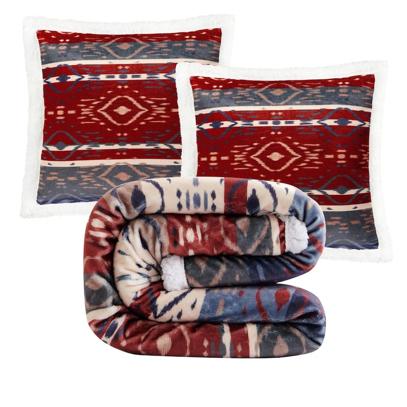 Indigo Hill by HiEnd Accents Campfire Sherpa Fleece Throw, 1PC or 3PC - 3-Piece - Home on the Range Aztec