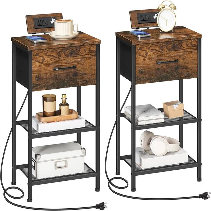 Nightstand with Charging Station End Tables with USB Ports Outlets - Rustic Brown, Black set of 2