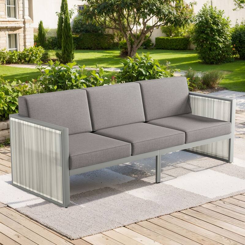 3 Seats Patio Sofa All Weather Wicker Patio Couch - Light Grey - Dark Grey