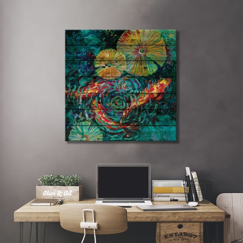 Pesci In Sunflowers Print On Wood by Iris Scott - Multi-Color