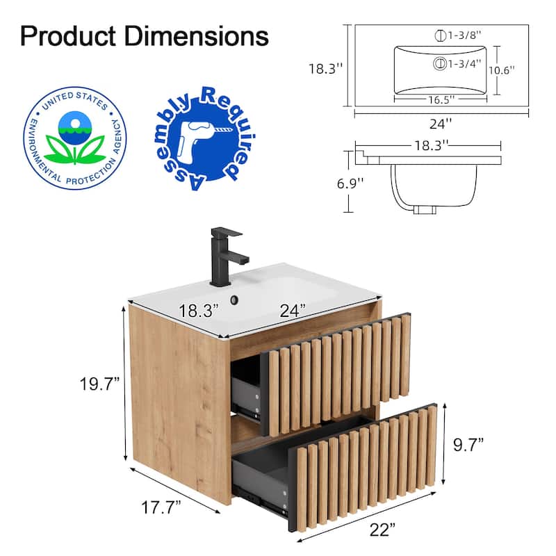 Wall Mounted Bathroom Vanity Set Mid-Century Storage Cabinet with Ceramic Sink