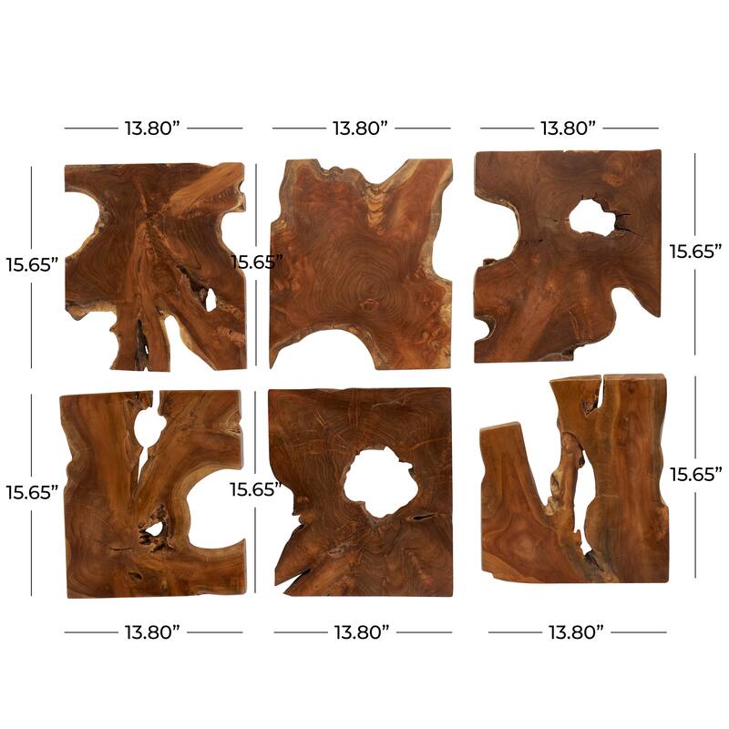 Brown Teak Wood Handmade Live Edge Wood Slab Abstract Home Wall Decor (Set of 6)