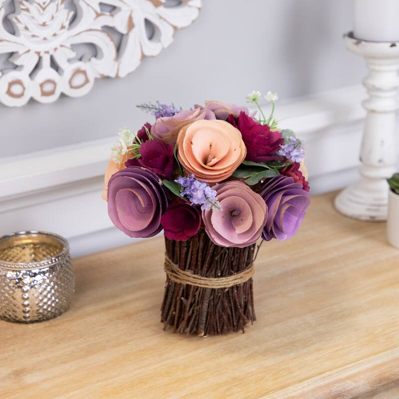 Wooden Floral Artificial Spring Bouquet - 9.5" - Wine Red and Purple