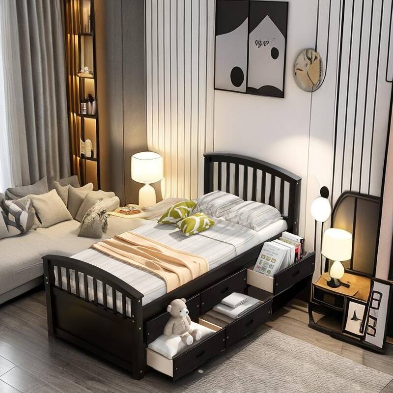 Twin Bed with Under Bed Storage Drawers Storage Bed Solid Wood Bed with 6 Drawers