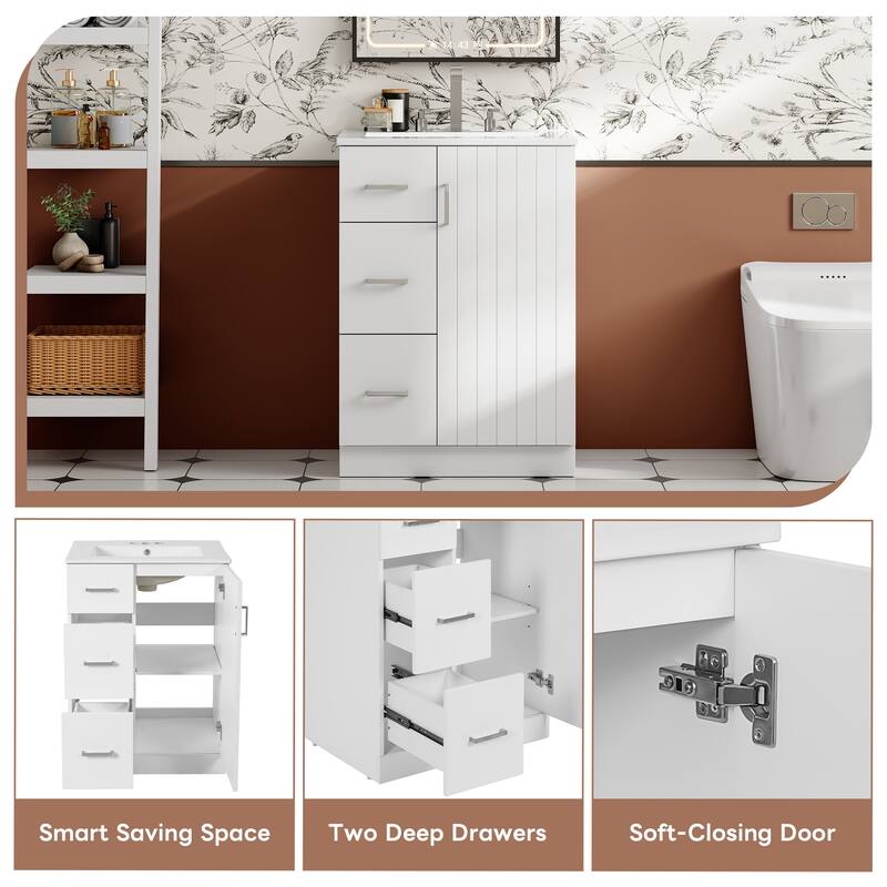 GDFStudio - Elmbrook Modern Bathroom Vanity with Ceramic Sink and 2 Storage Drawers & Soft-Closing Door - 24'W