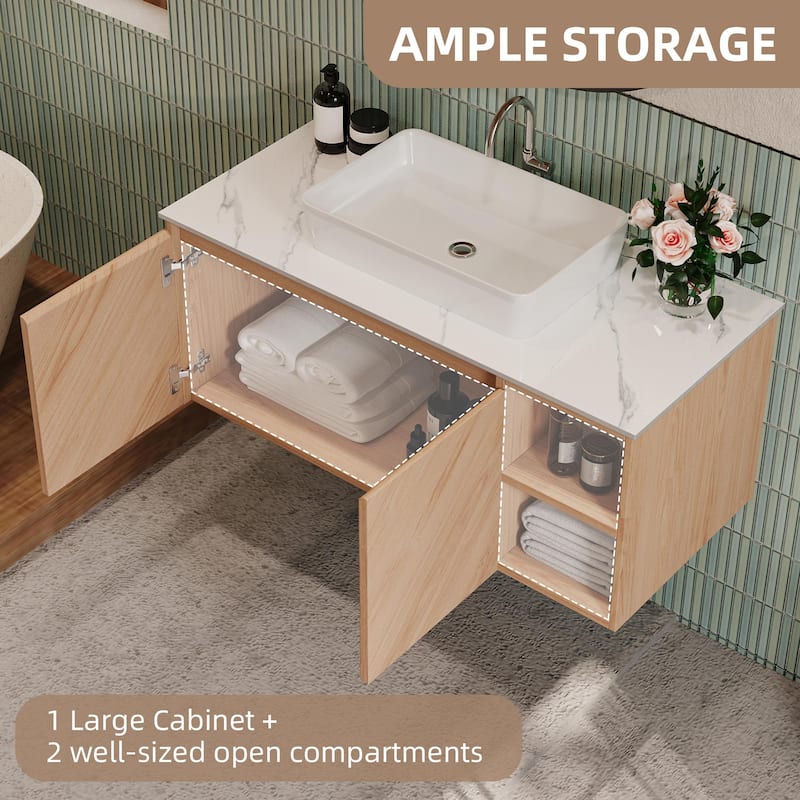 35.83'' Single Bathroom Vanity with Stone Top, Brown Wood, Black Vessel, Floading Vanities