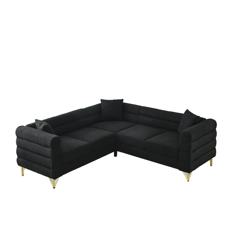 Modern Corner Sofa with Teddy Fabric and Metal Legs, 3-Seater with 3 Pillows