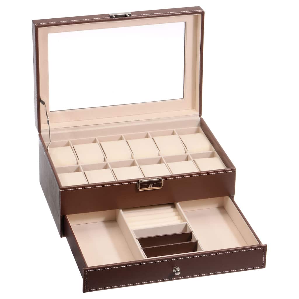 Multipurpose Watch Box 12 Slots 2 Layers Display Case with Clear Top
