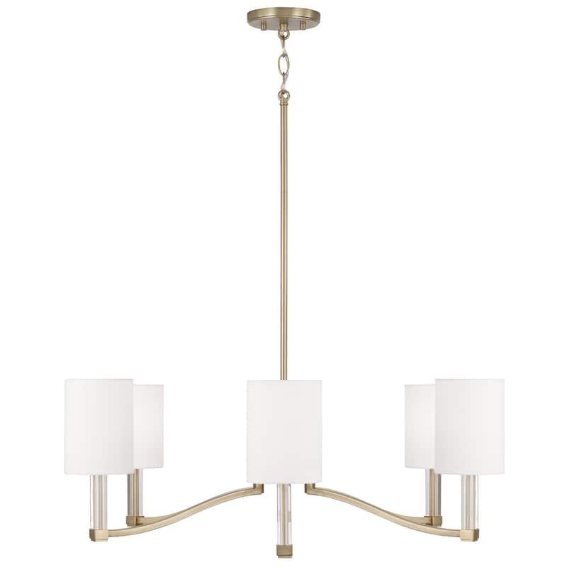 40" W x 18.5" H 6-Light Chandelier in Matte Brass with Clear Acrylic Accents and Cylindrical White Fabric Shades - 32"W x 10.5"H