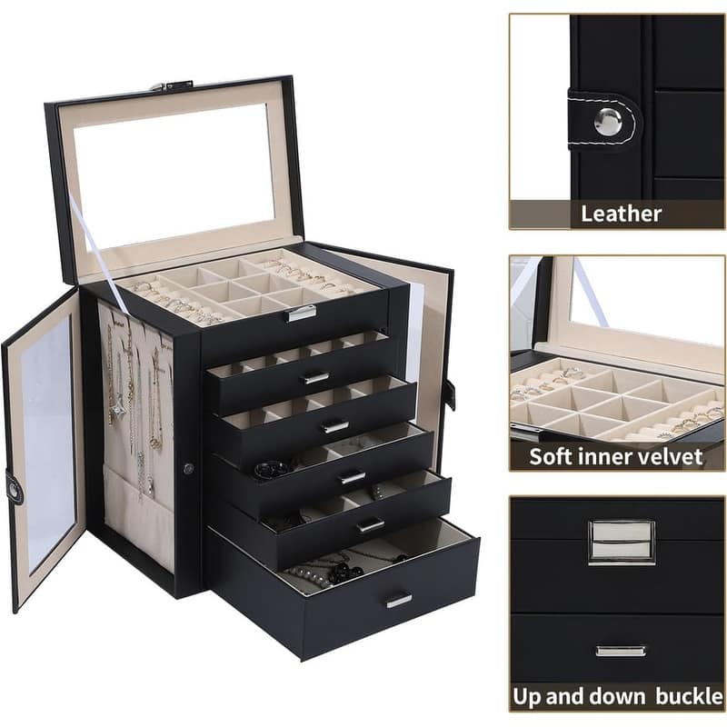 6 Layer Large Jewelry Organizer With Mirror - 6.6"D x 10.6"W x 11"H