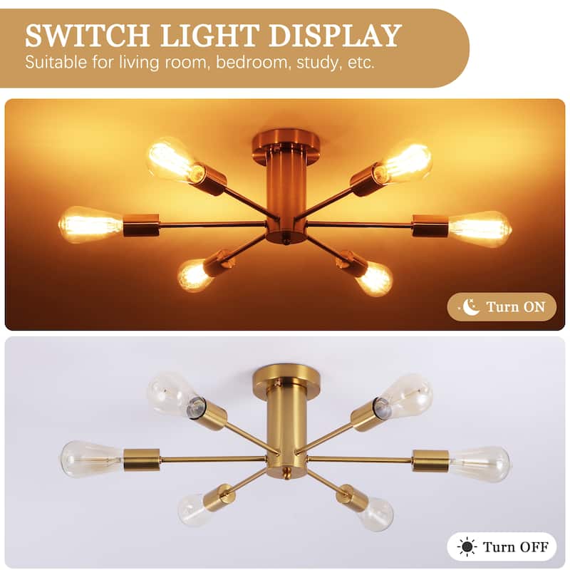 6-Light Modern Industrial Sputnik Semi-Flush Mount Ceiling Light - N/A