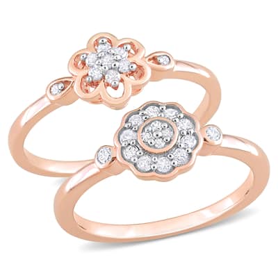 Miadora 1/3ct TW Diamond Flower Rings 2-Piece Set Rose Silver