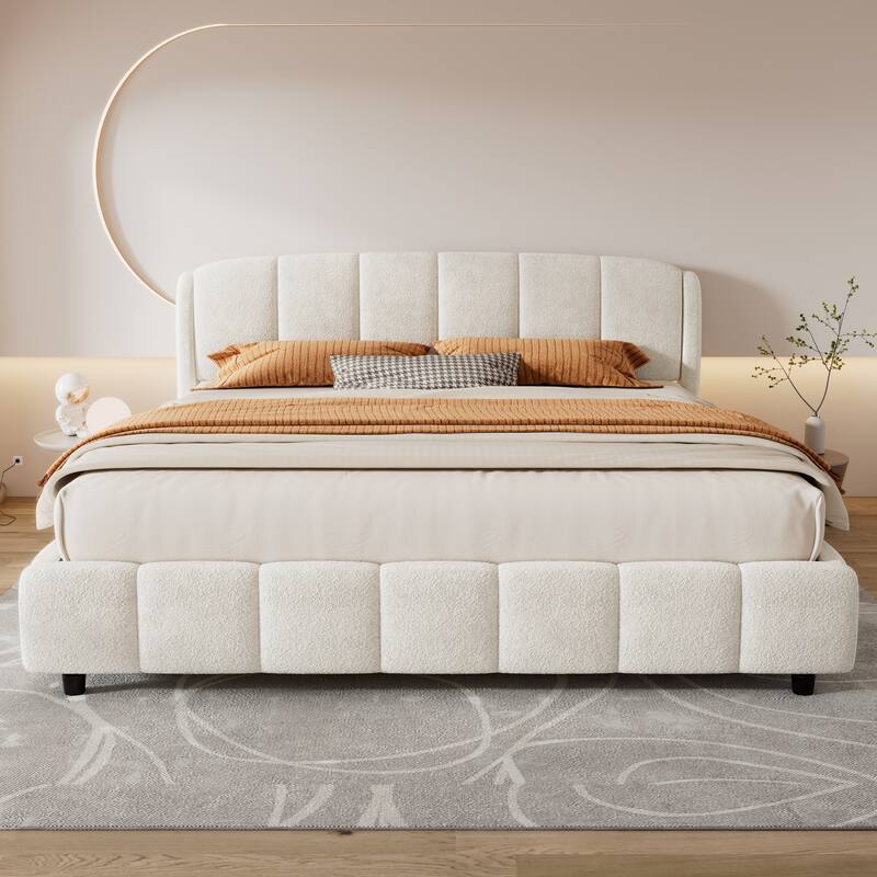King Boucle Upholstered Platform Bed, Curved Design Headboard, Chic Beige Tone