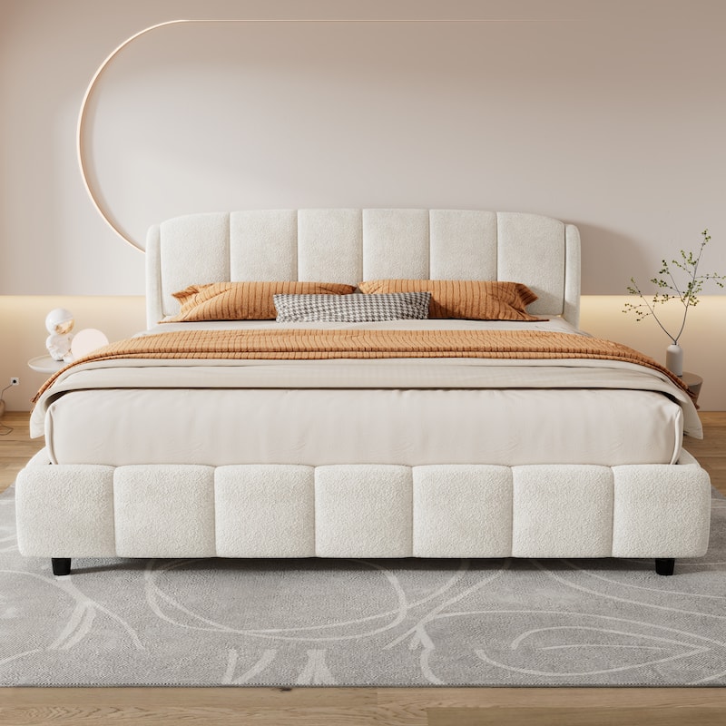 Upholstered Platform Bed w/Curve-Shaped Design Headboard, Soft Boucle Fabric Bed Frame, Wood Slats Support, Easy Assembly, Beige - Beige - King