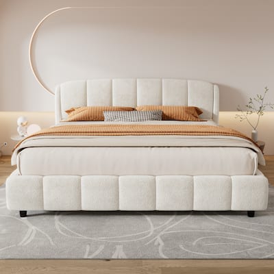 Upholstered Platform Bed w/Curve-Shaped Design Headboard, Soft Boucle Fabric Bed Frame, Wood Slats Support, Easy Assembly, Beige