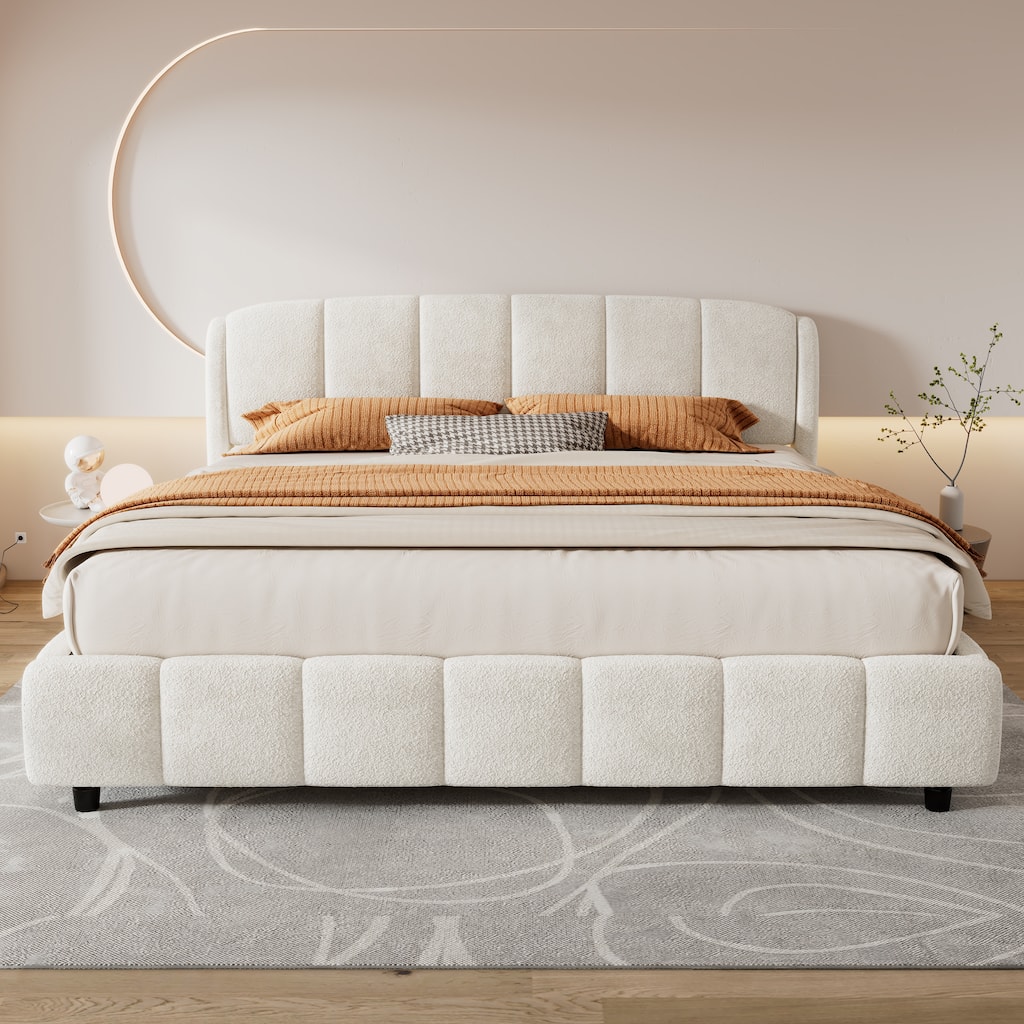 Upholstered Platform Bed w/Curve-Shaped Design Headboard, Soft Boucle Fabric Bed Frame, Wood Slats Support, Easy Assembly, Beige