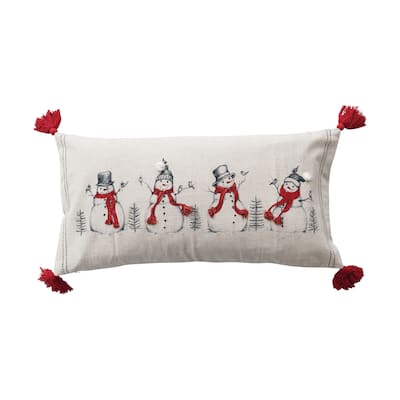 Linen Printed Lumbar Pillow with Embroidered Snowmen and Birds Image, Pompoms and Tassels
