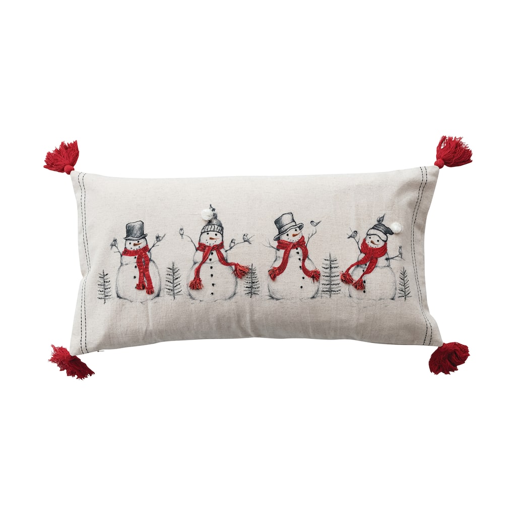 Linen Printed Lumbar Pillow with Embroidered Snowmen and Birds Image, Pompoms and Tassels