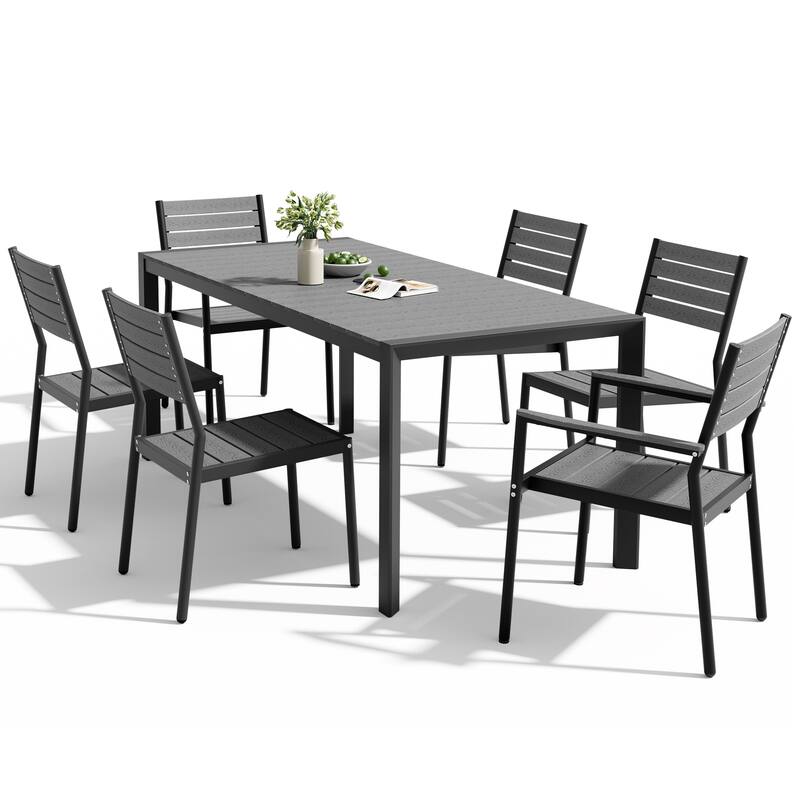 Set of 7 Outdoor Patio Dining Set WoodLike Table Top Aluminum Rectangular Umbrella Hole Table with Stackable Chairs Set