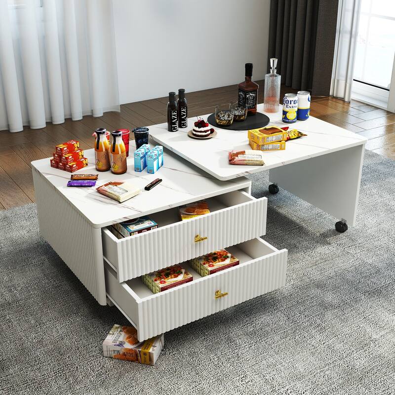 GDF Studio - Gege Modern Extendable Coffee Table with Storage Drawers, Swivel Top, and Wheels